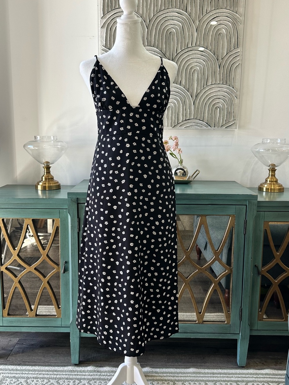 Dress Forum Black Midi Slip Dress with White Daisy Print